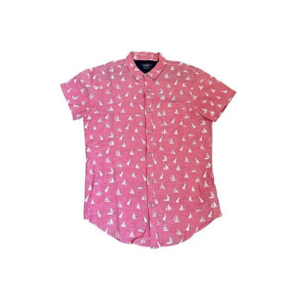 Mens Red Pull & Bear Button-Up Short-Sleeve Shirt With Sailboat Print Size S 100